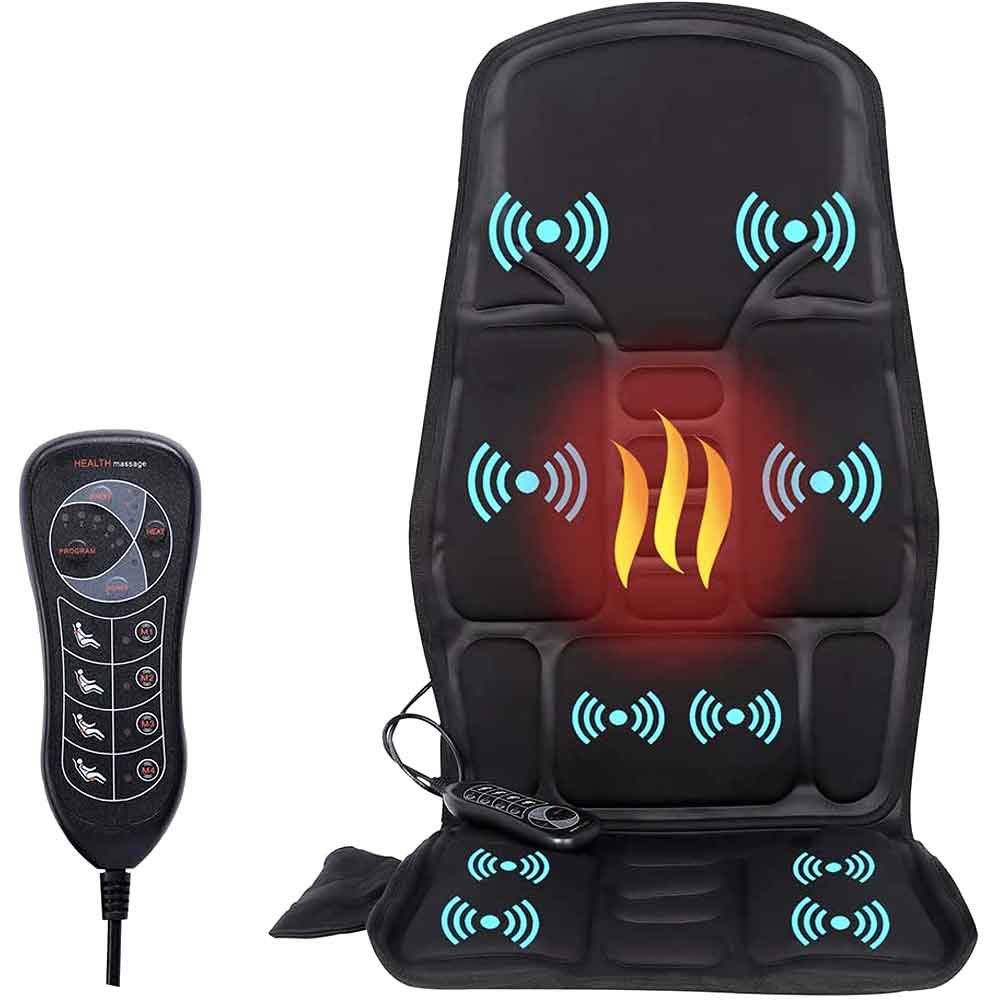 Portable heated massage cushion for stress relief & back pain. Shiatsu nodes provide deep full body relaxation.