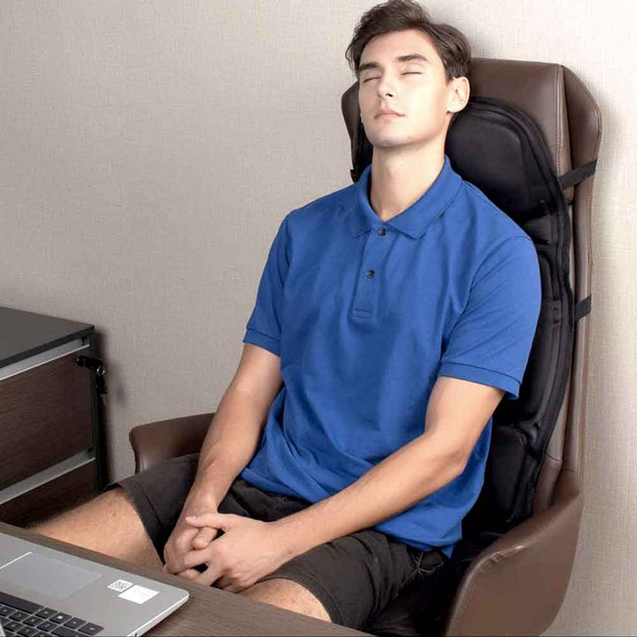 Heated massage cushion provides targeted back pain relief & neck massage. Enjoy full body stress relief at home.