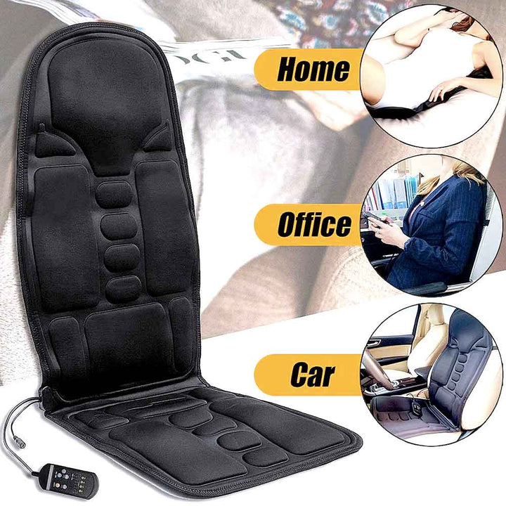 User relaxing with a portable heated massage cushion, enjoying shiatsu back & neck massage for full body comfort.