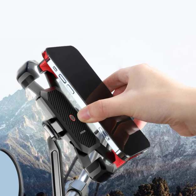 Heavy-duty bike phone holder securely mounted on a bicycle handlebar, showcasing its robust design & universal grip.
