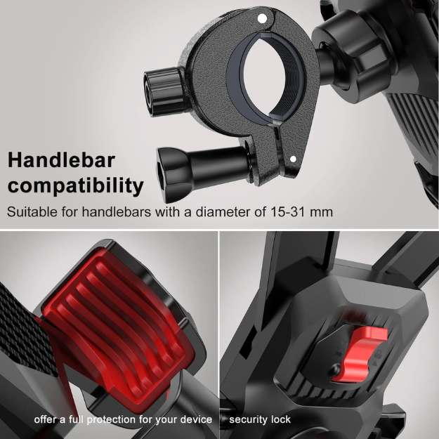 Close-up of a bike phone holder's shockproof universal grip, designed for secure attachment & stable smartphone viewing.