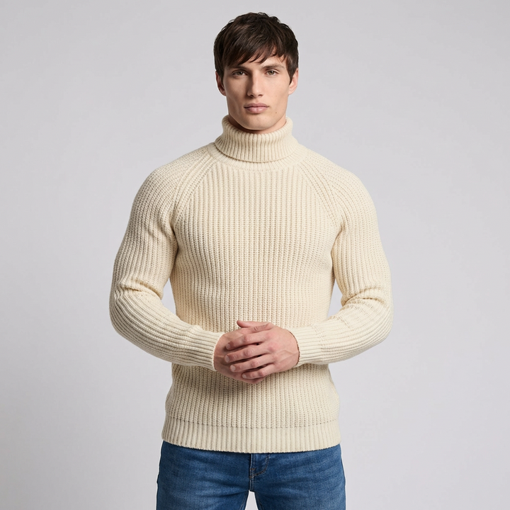 Men's classic fit turtleneck winter sweater in dark gray, perfect for cold weather & a cozy, layered casual look.