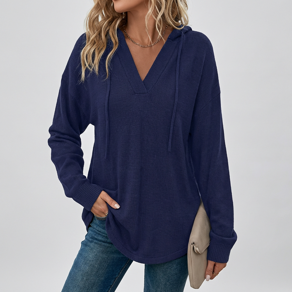 Fashionable women's oversized V-neck hoodie, designed for a relaxed fit and effortless comfort.