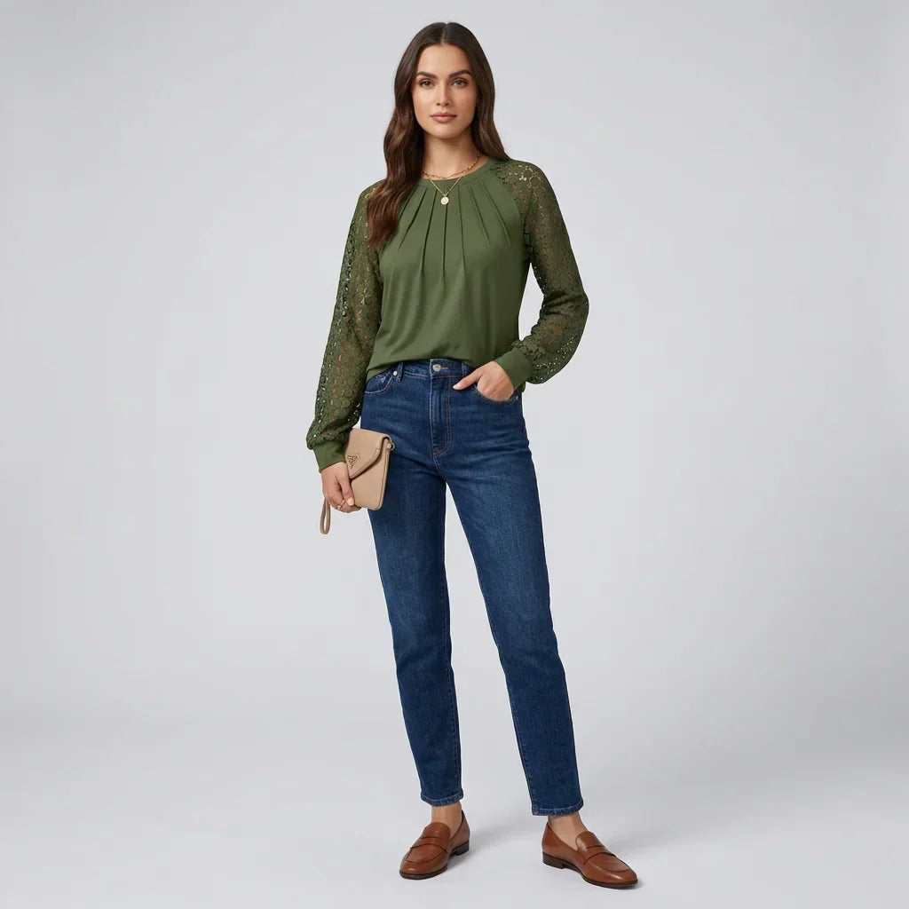 Elegant women's pleated lace long-sleeve blouse, perfect for business casual or fashion wear.