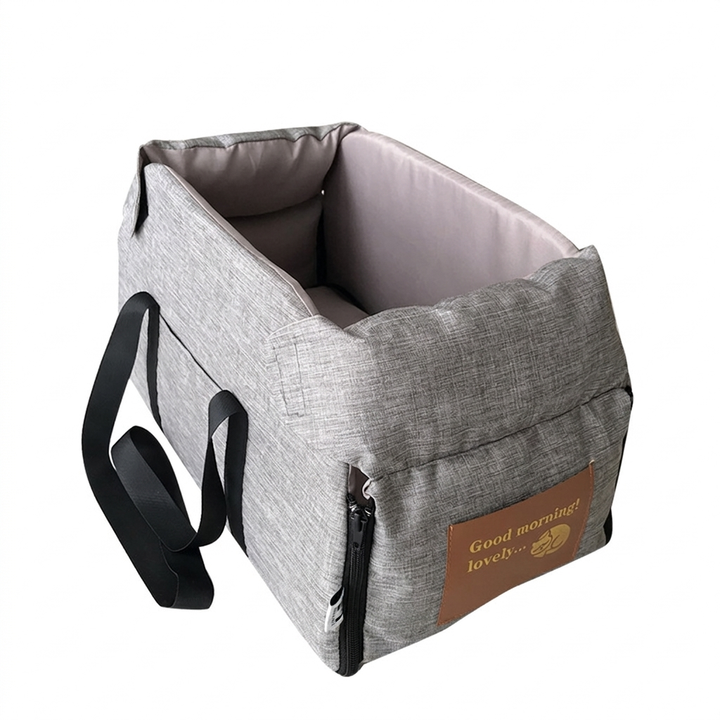 Detachable cat & dog car bed with non-slip base & contrast colors, offering a cozy travel kennel for pets.