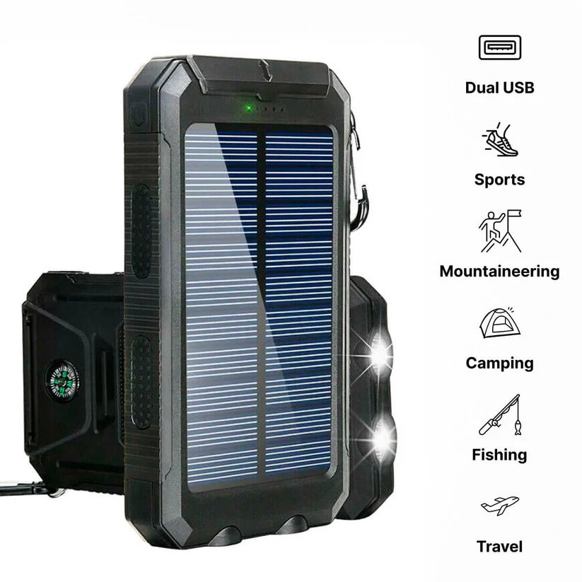 "High-capacity waterproof dual USB solar charger with LED lights; 500,000mAh power bank; compact; for outdoor use."