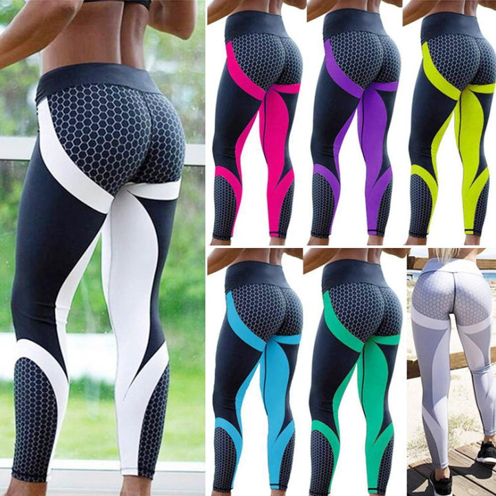 Flexible women's workout leggings with a high waist and eye-catching geometric pattern.