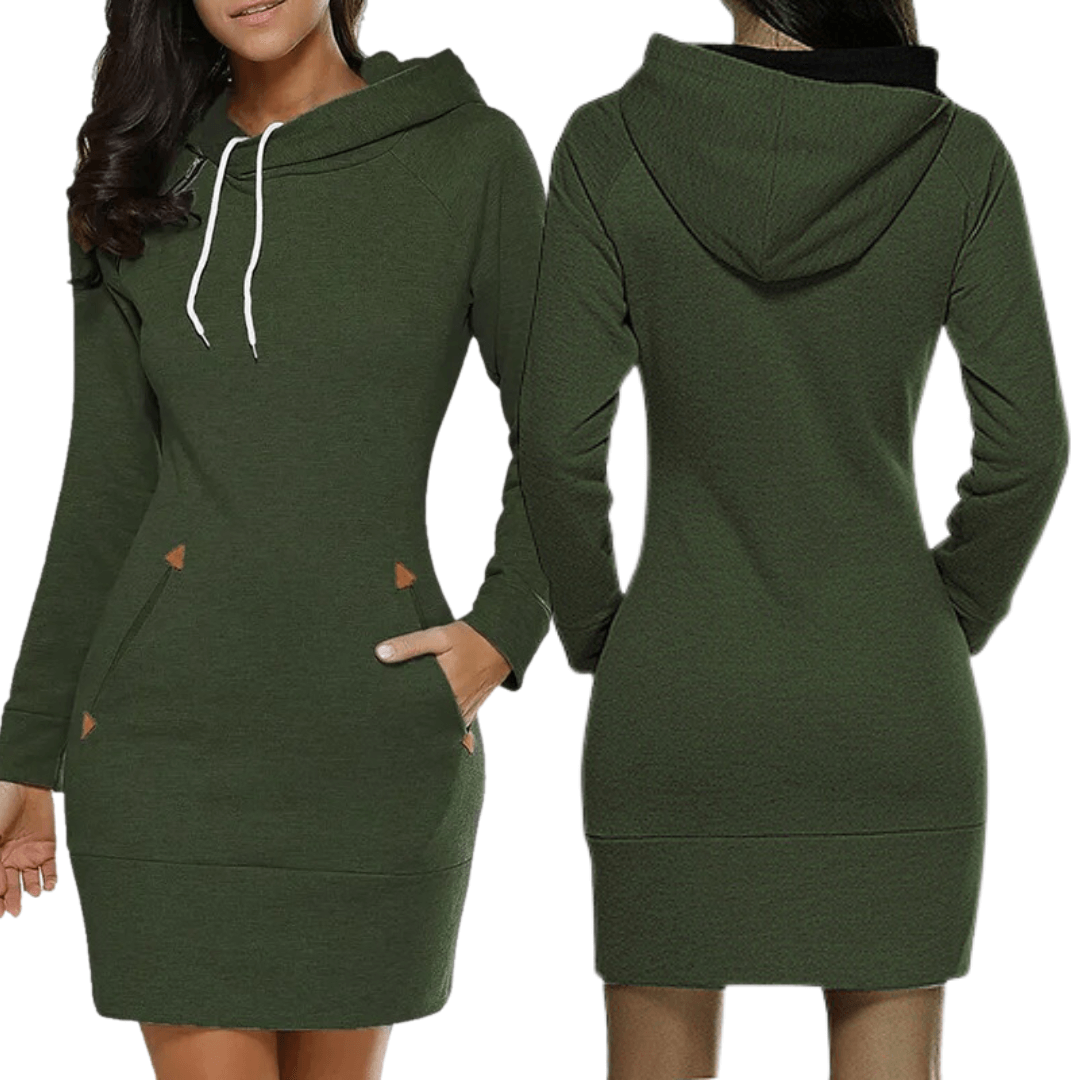 Soft fabric women's long sleeve hooded sweatshirt dress, showcasing cozy texture & pockets.