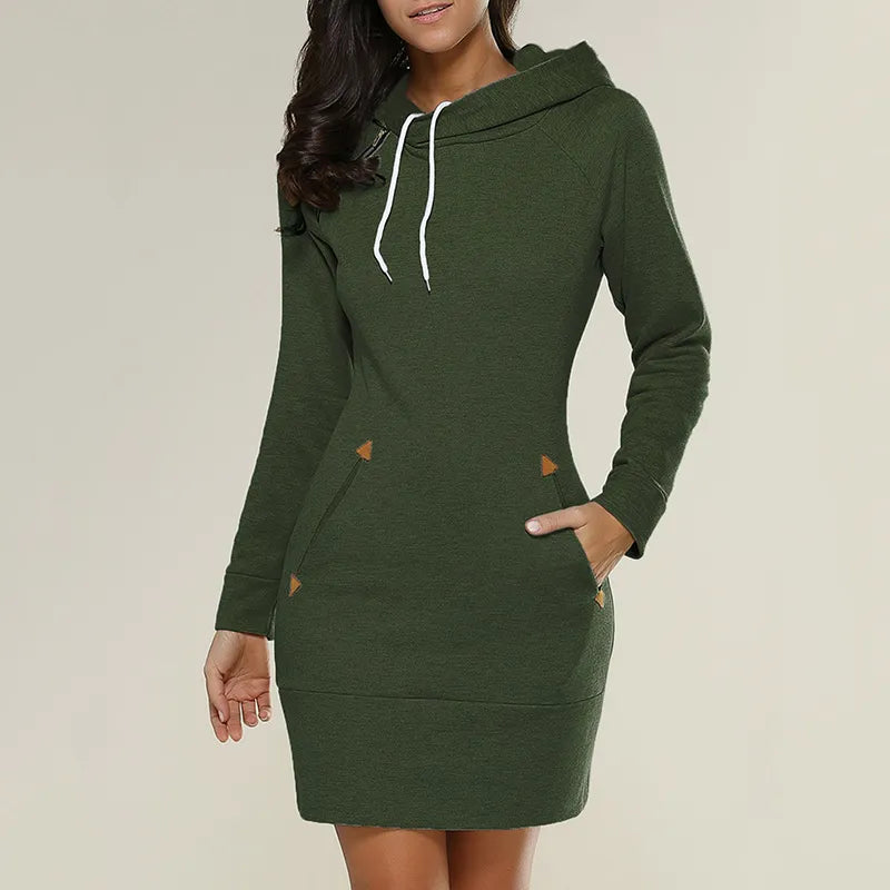 Women's hooded sweatshirt dress, a cozy long sleeve casual dress with functional pockets.