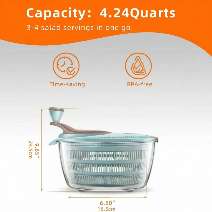 Modern kitchen tool: a vegetable spinner designed for easy cleaning, perfect for drying salad greens.