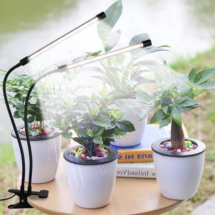 Flexible dual gooseneck LED grow lamp with clip-on design, perfect for indoor herb gardens & seed starting.