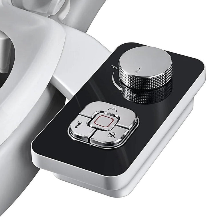 Close-up of the cold water bidet's dual nozzles and control panel, highlighting self-cleaning feature.