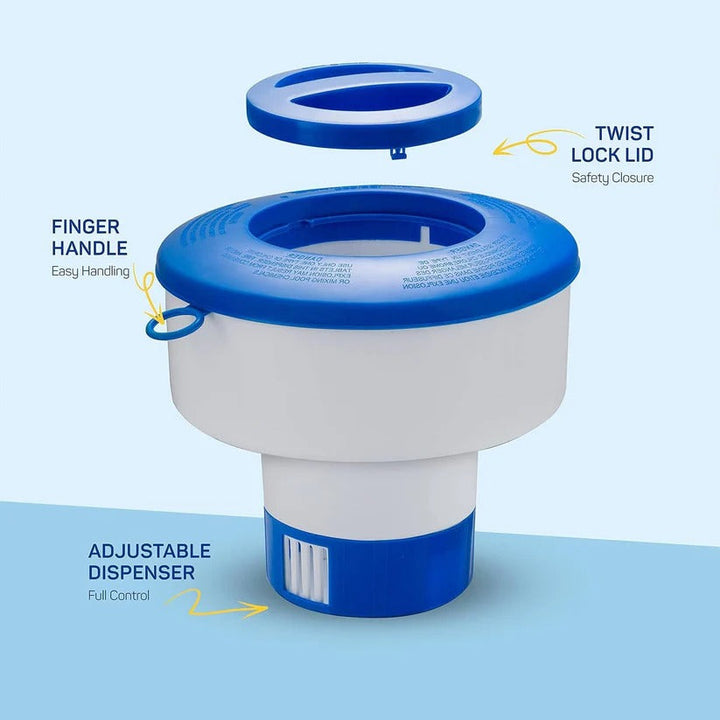 Adjustable flow chemical dispenser for pools, spas & hot tubs. Perfect for controlled chemical release.