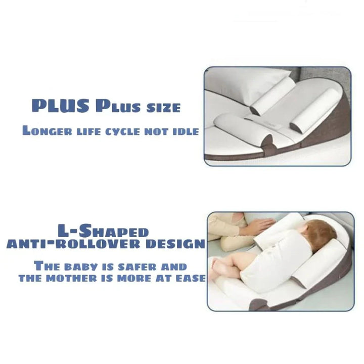 Soft infant side sleeper pillow with washable cover for newborn comfort & easy nursery essential care.