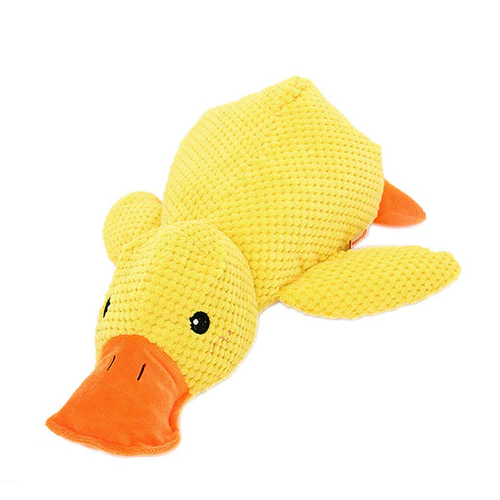 "Interactive calming duck toy for dogs, vibrant colors, durable, quacking sound for engaging play and stress relief."