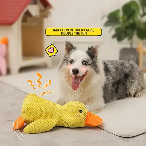 "Interactive calming duck toy for dogs, vibrant colors, durable, quacking sound for engaging play and stress relief."