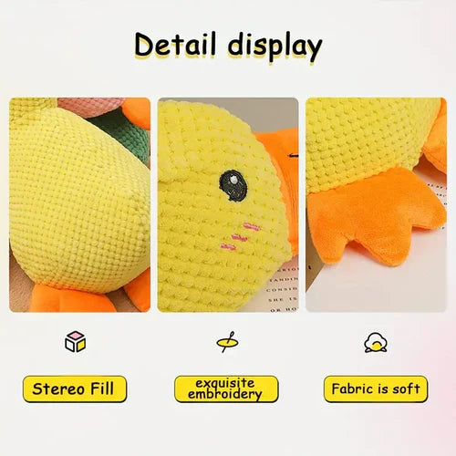 "Interactive calming duck toy for dogs, vibrant colors, durable, quacking sound for engaging play and stress relief."
