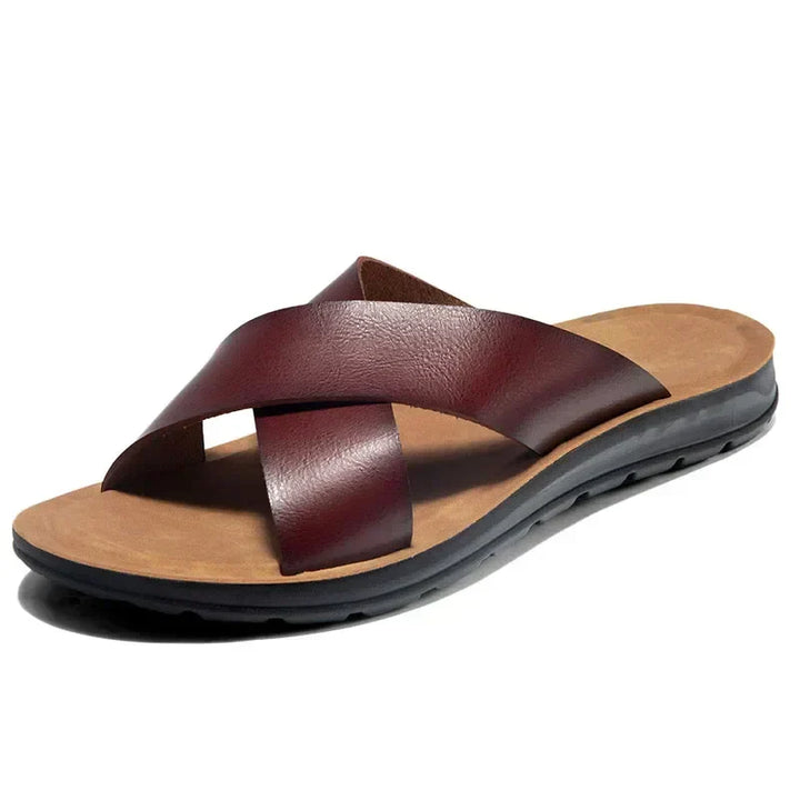 Smart casual men's leather slip-on sandals. Comfortable and stylish for summer outfits & relaxed wear.