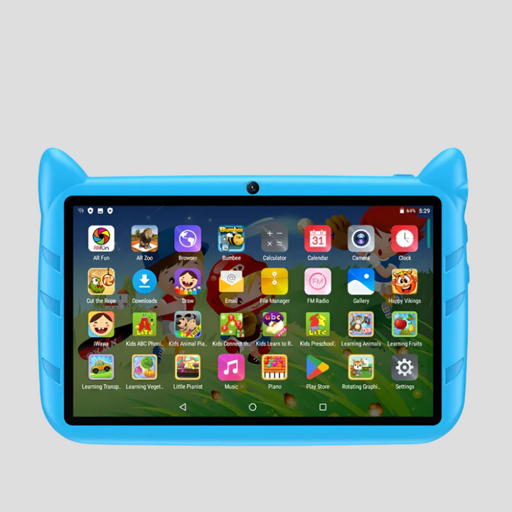Pink & blue 7-inch kids' tablet with 5G WiFi, 4GB RAM & 64GB storage for educational games & videos.
