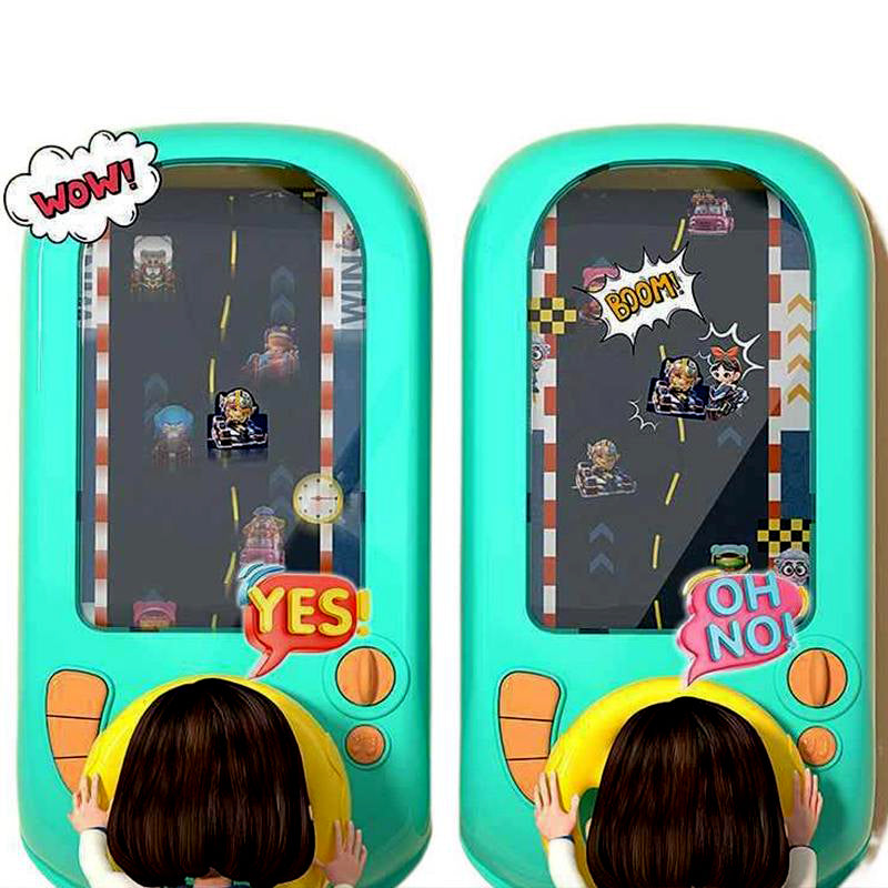 Electronic steering wheel racing game for kids, simulating driving for interactive & educational fun.