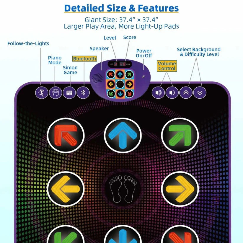 Bluetooth dance mat game pad; light-up interactive electronic music toy for active kids' fun & skill development.