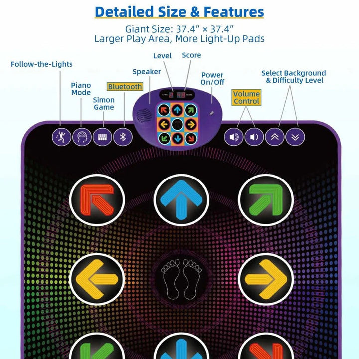 Bluetooth dance mat game pad; light-up interactive electronic music toy for active kids' fun & skill development.