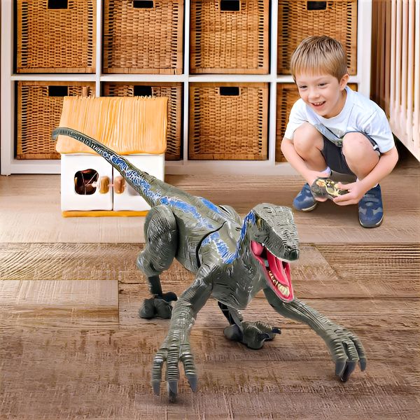 Kids' remote control Velociraptor dinosaur toy with realistic lights, roaring sounds, and interactive movement.