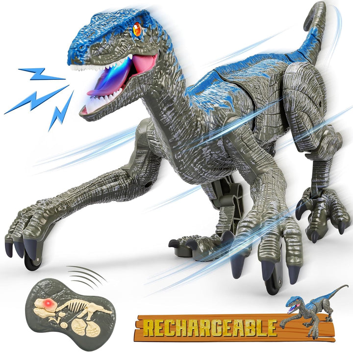 Interactive remote control Velociraptor dinosaur toy with glowing eyes, walking and moving its head for kids.