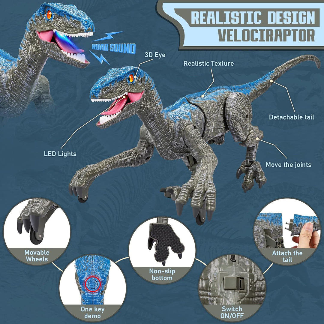 Rechargeable remote control Velociraptor dinosaur toy showcasing vibrant LED lights and realistic sound effects.