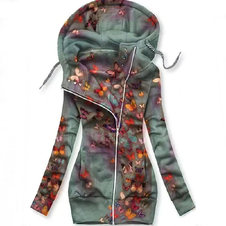 Women's stylish butterfly art zipper cardigan, cozy oversized fit for autumn/winter fashion.