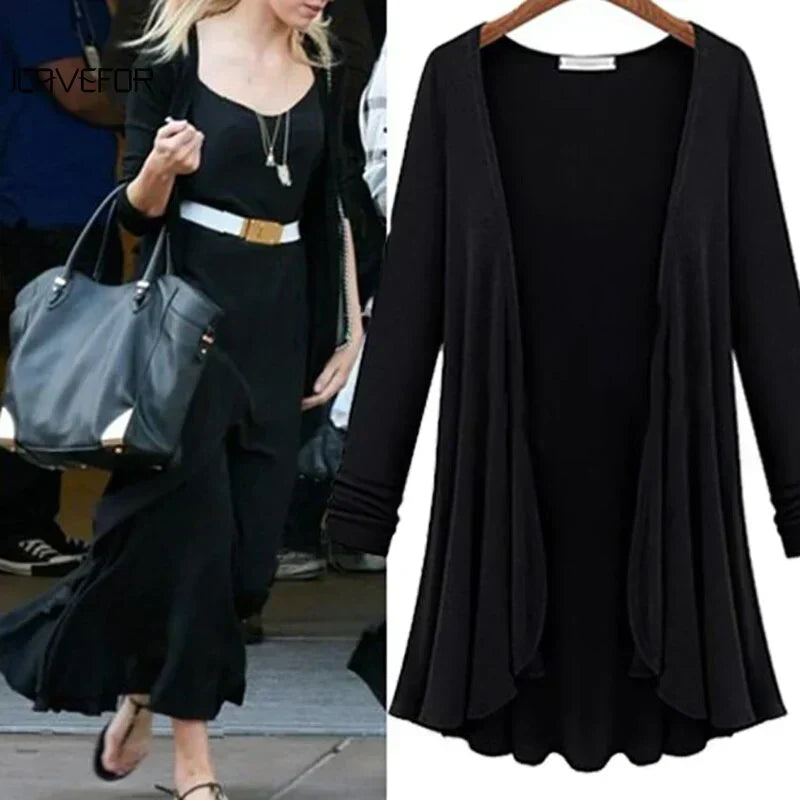 Feminine women's elegant ruffle cardigan, a stylish open front sweater.