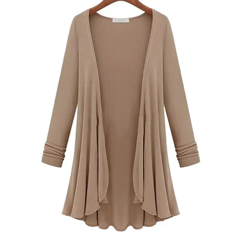 Women's elegant ruffle open front cardigan sweater, long sleeve design.