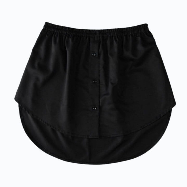 Black women's shirt extender with an elastic waist and round hem, essential for versatile layering.