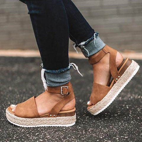 Lauren women's white flatform sandals with ankle strap and buckle — comfortable spring casual footwear