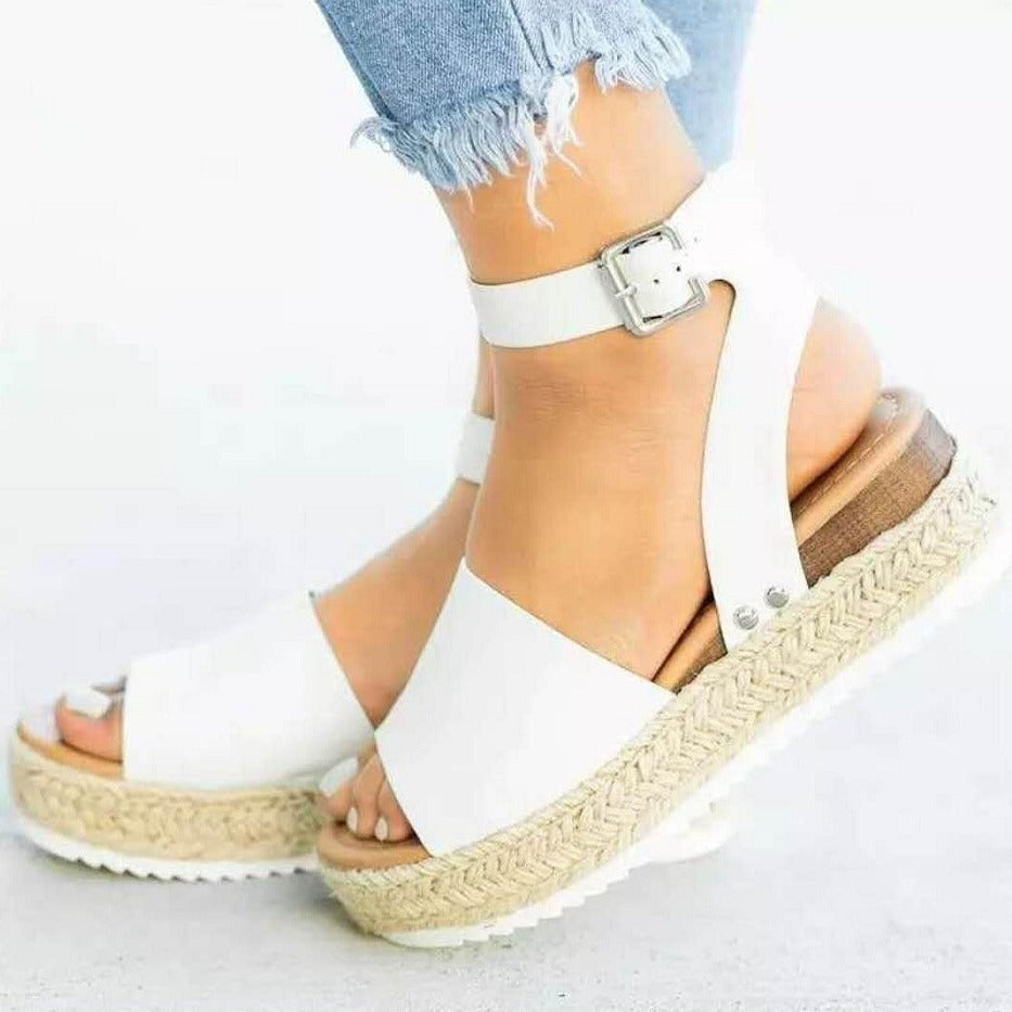 Black Lauren buckle ankle-strap flatform sandals for women, cushioned comfortable summer casual shoes