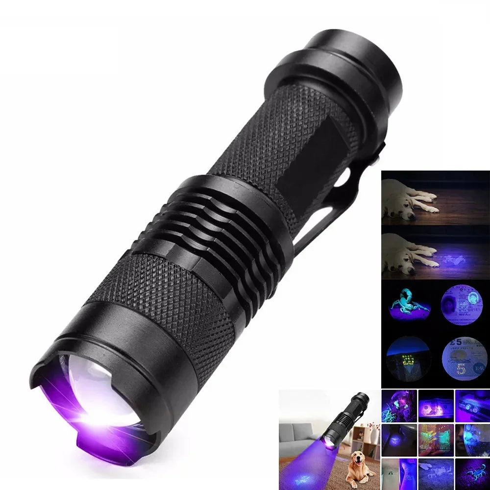 UV blacklight flashlight for detecting pet urine stains like dog pee & cat urine on carpets & floors.