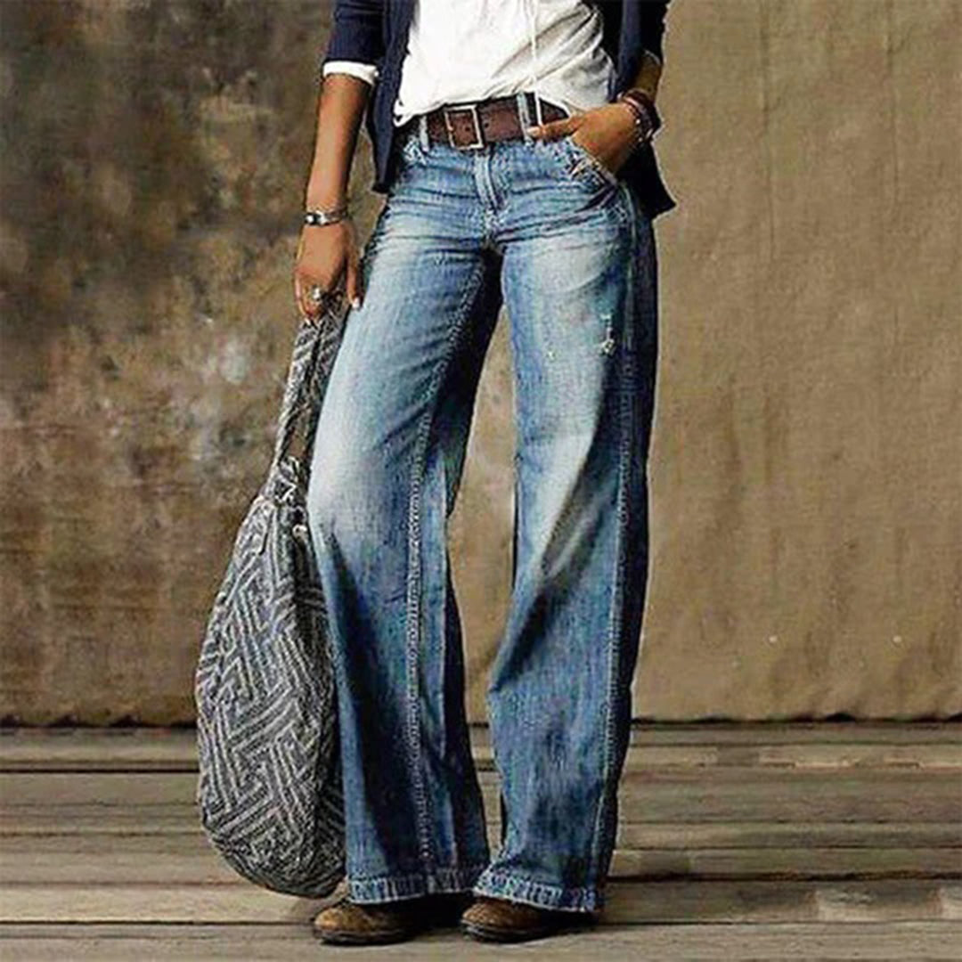 Light blue women's high-waisted wide-leg denim jeans, casual and trendy