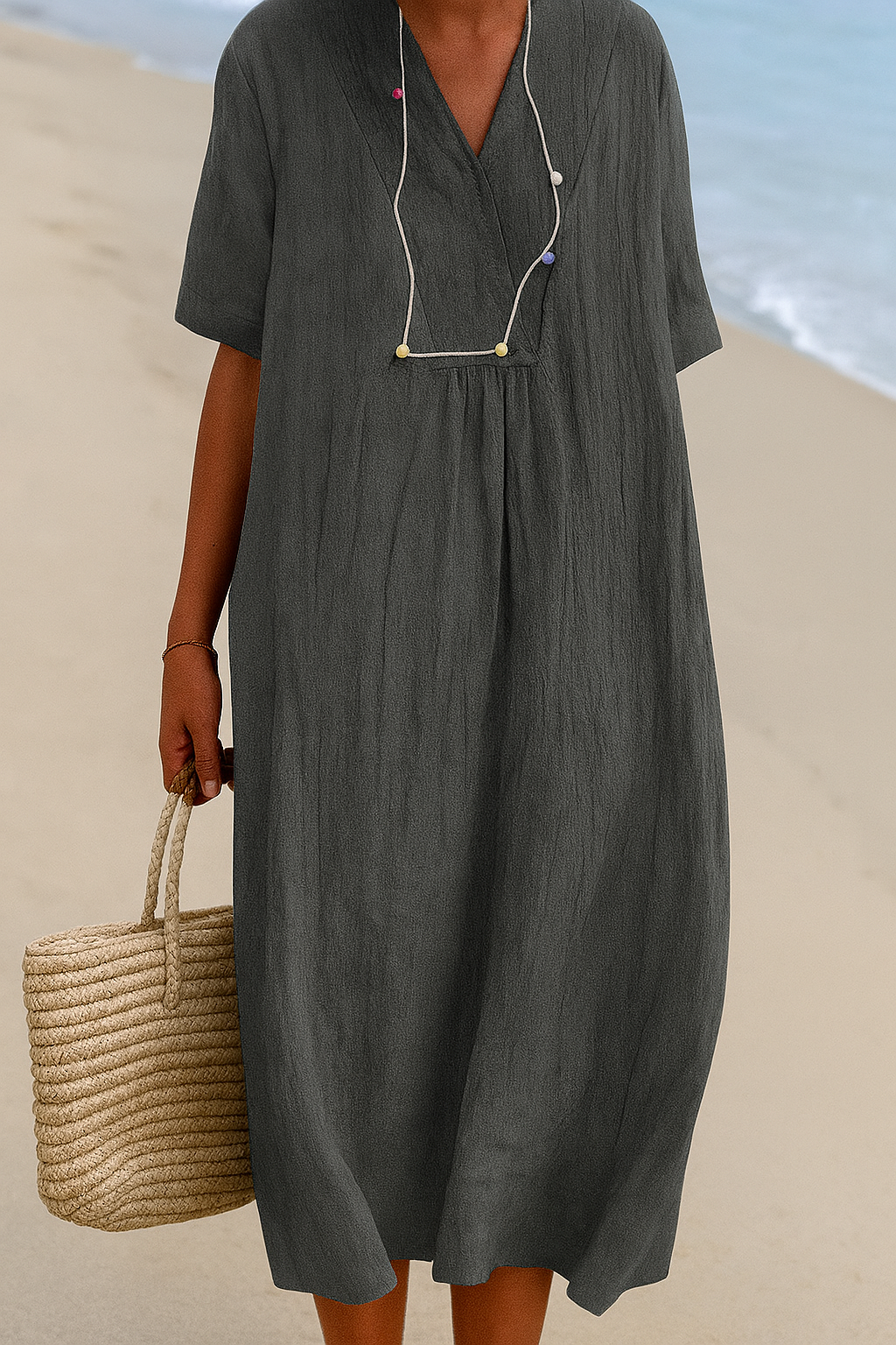 Light blue women's relaxed V-neck short sleeve beach dress. Perfect for summer vacations & casual wear.