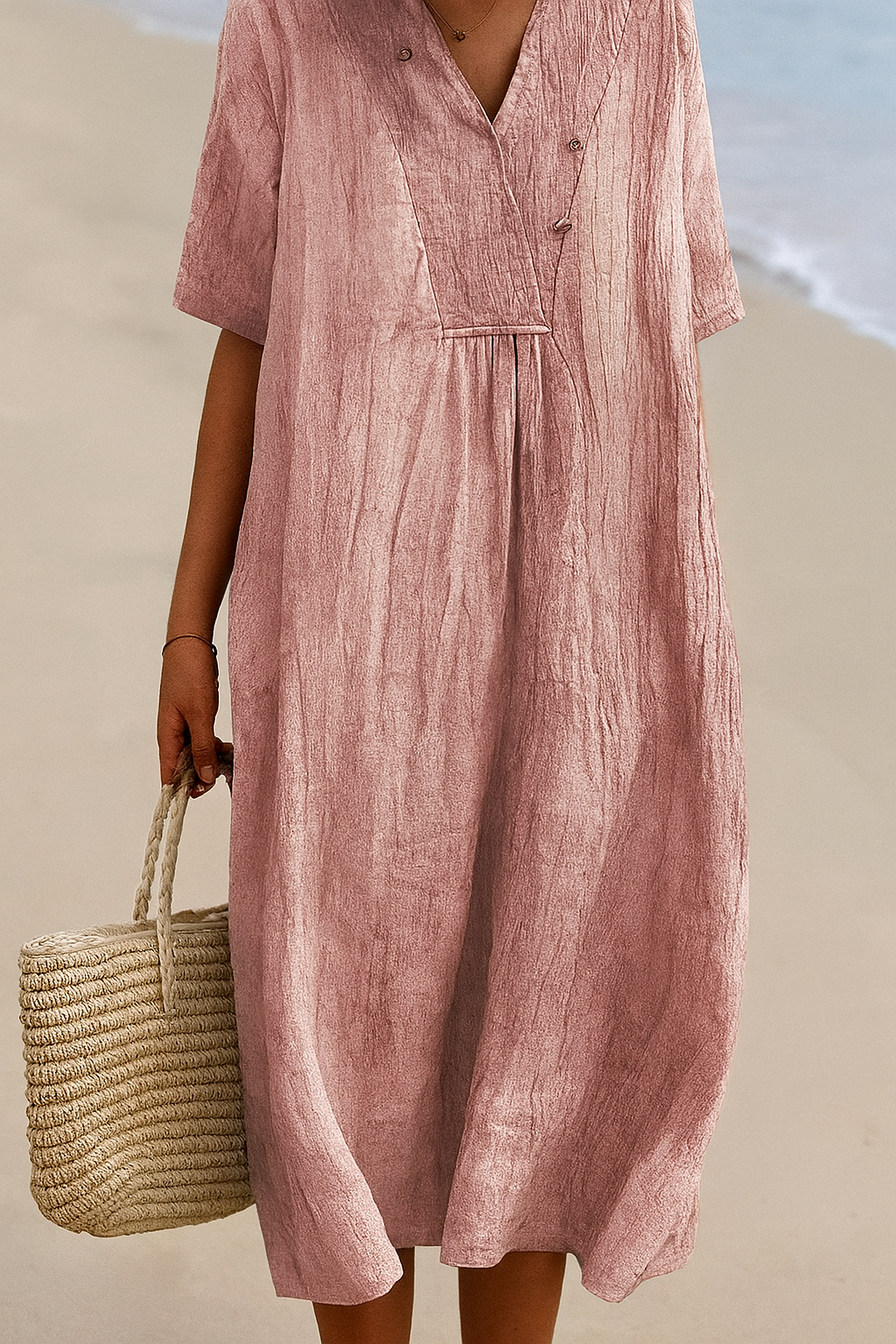 Comfortable gray women's relaxed V-neck short sleeve dress. Perfect flowy vacation or summer resort wear.