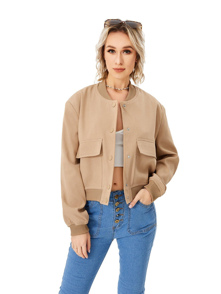 Comfortable dark blue women's lightweight bomber jacket with button-front, a versatile casual outerwear option.