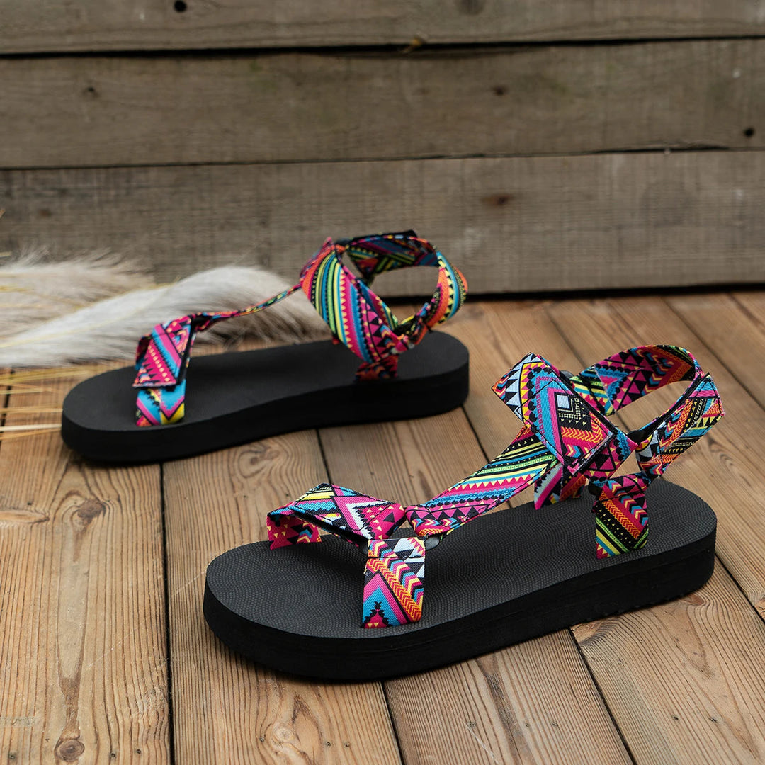 Back view of women's colorful summer sandals, showcasing the non-slip sole and comfortable lightweight design for beach.