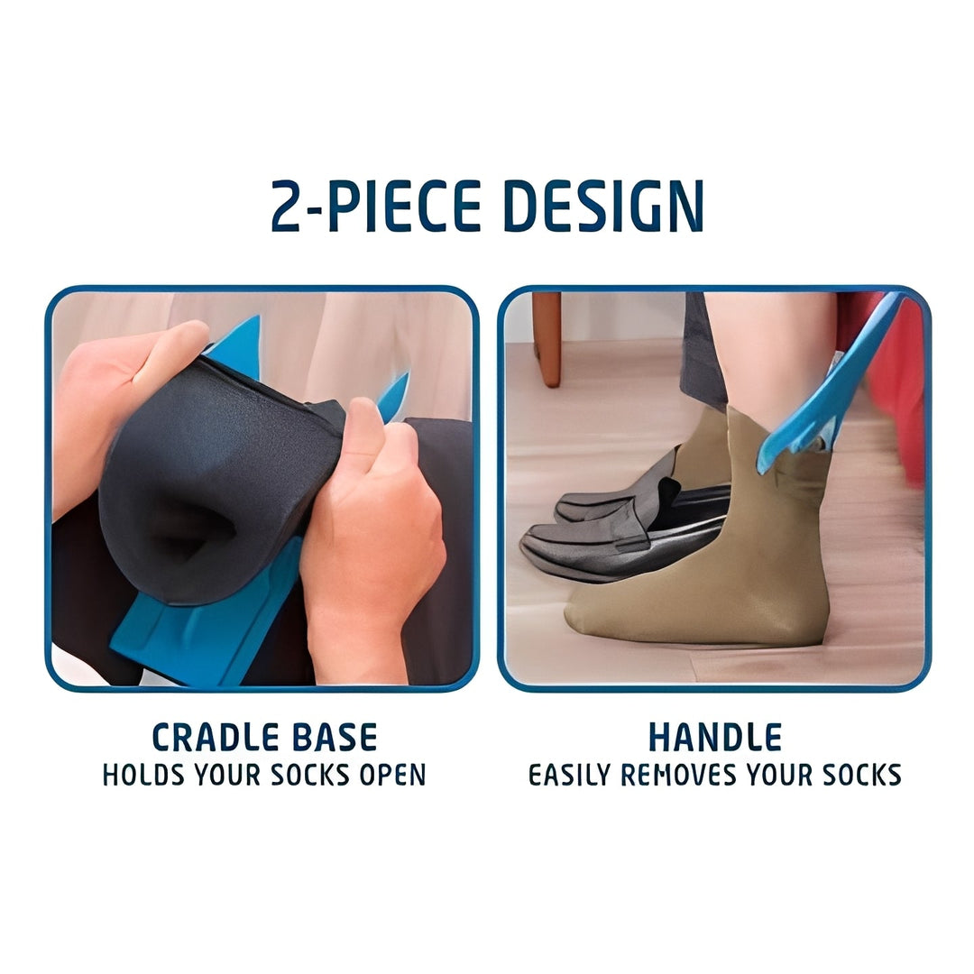 Easy dressing aid for compression socks, features a long handle for reduced bending.