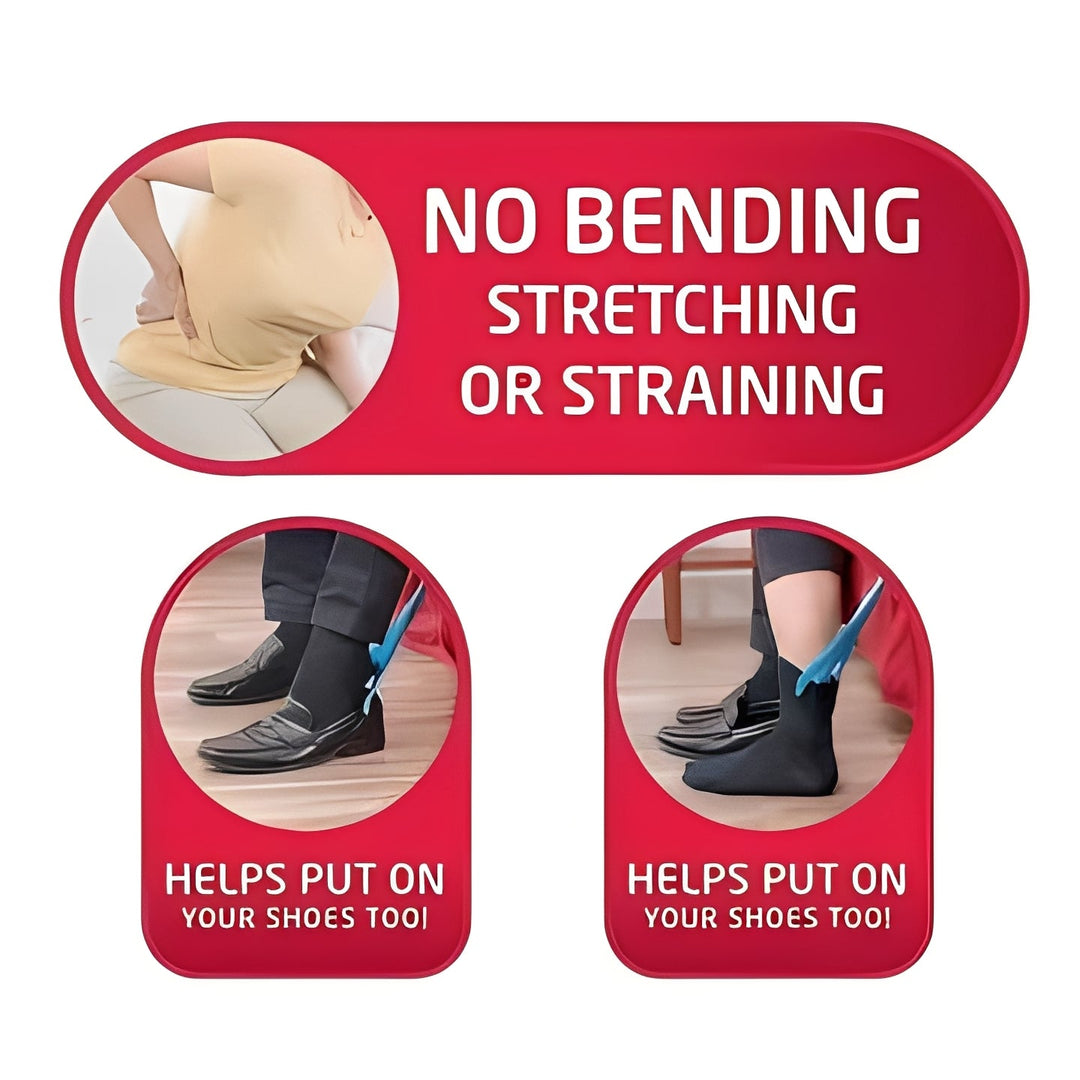 Medical sock aid with long handle assists elderly & arthritis patients with daily compression sock dressing.