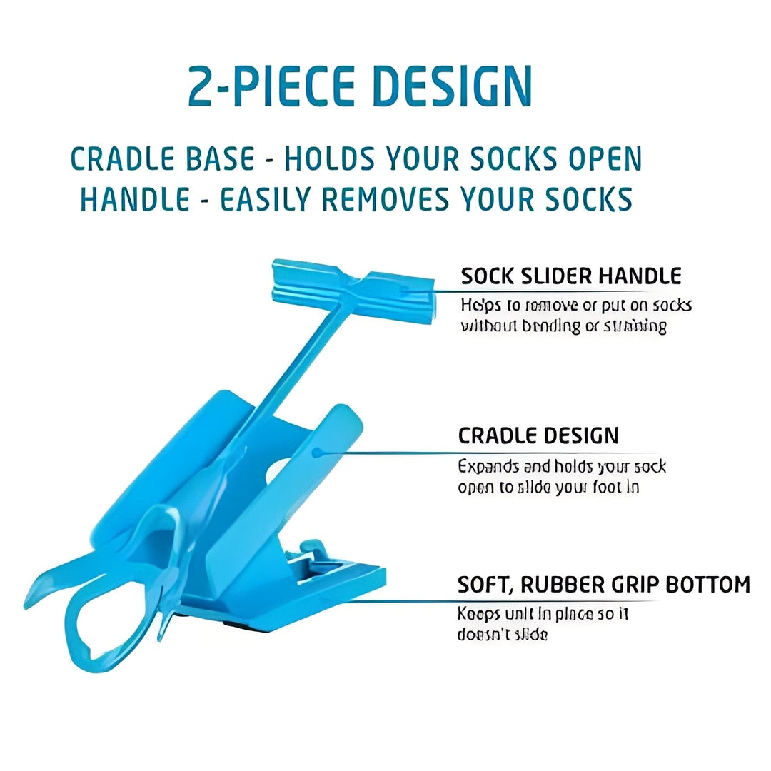 Durable long handle sock aid for effortlessly putting on compression stockings.
