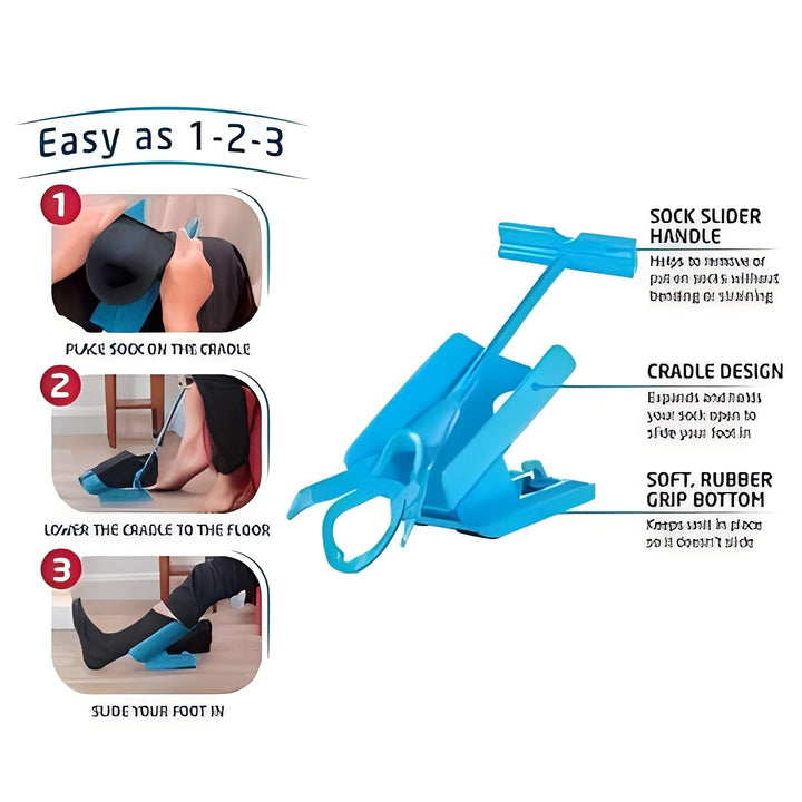 Ergonomic long handle compression sock donner tool, promoting independent dressing for seniors.