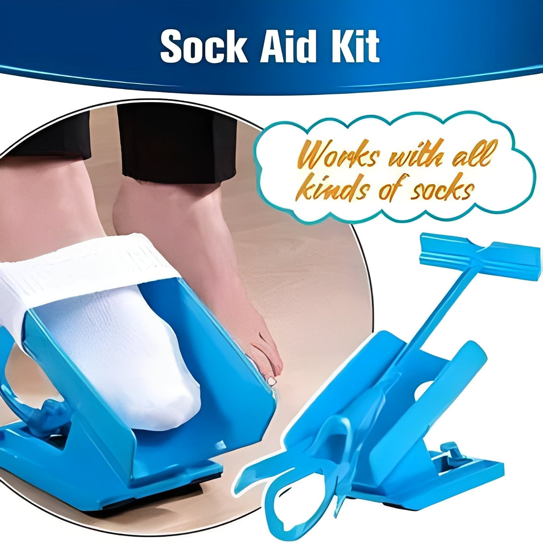 Assistive sock aid with extra long handle, simplifying the process of wearing compression socks & stockings.