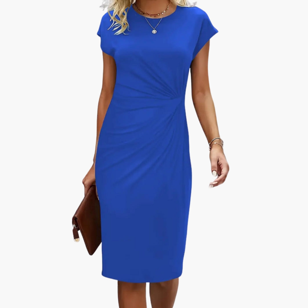 Versatile women's short sleeve midi dress, perfect for casual chic daytime fashion. Flattering round neck design.