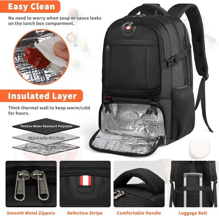 Unisex 50L laptop backpack for business travel & college. Features anti-theft design, USB charging, insulated pocket.