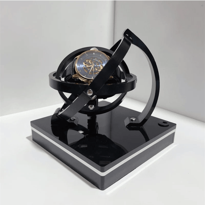 Sleek automatic watch winder with a quiet motor, designed for displaying and maintaining valuable watches.