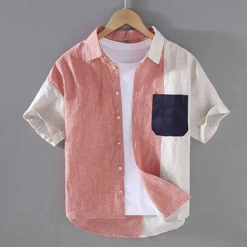 Stylish men's Aperto colorblock shirt with contrast pocket. Perfect for casual wear & elevated summer fashion.